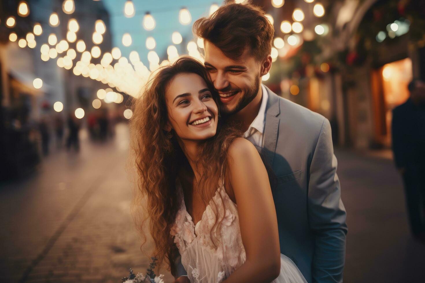 ai generado hermosa Boda pareja, novia y novio posando en el ciudad, caucásico contento romántico joven Pareja celebrando su casamiento, ai generado foto