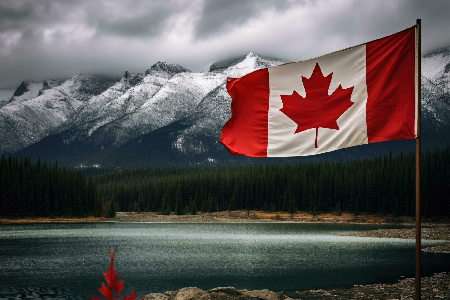 AI generated Canadian flag waving in the wind against scenic view of lake and mountains, Canada flag and beautiful Canadian landscapes, AI Generated photo
