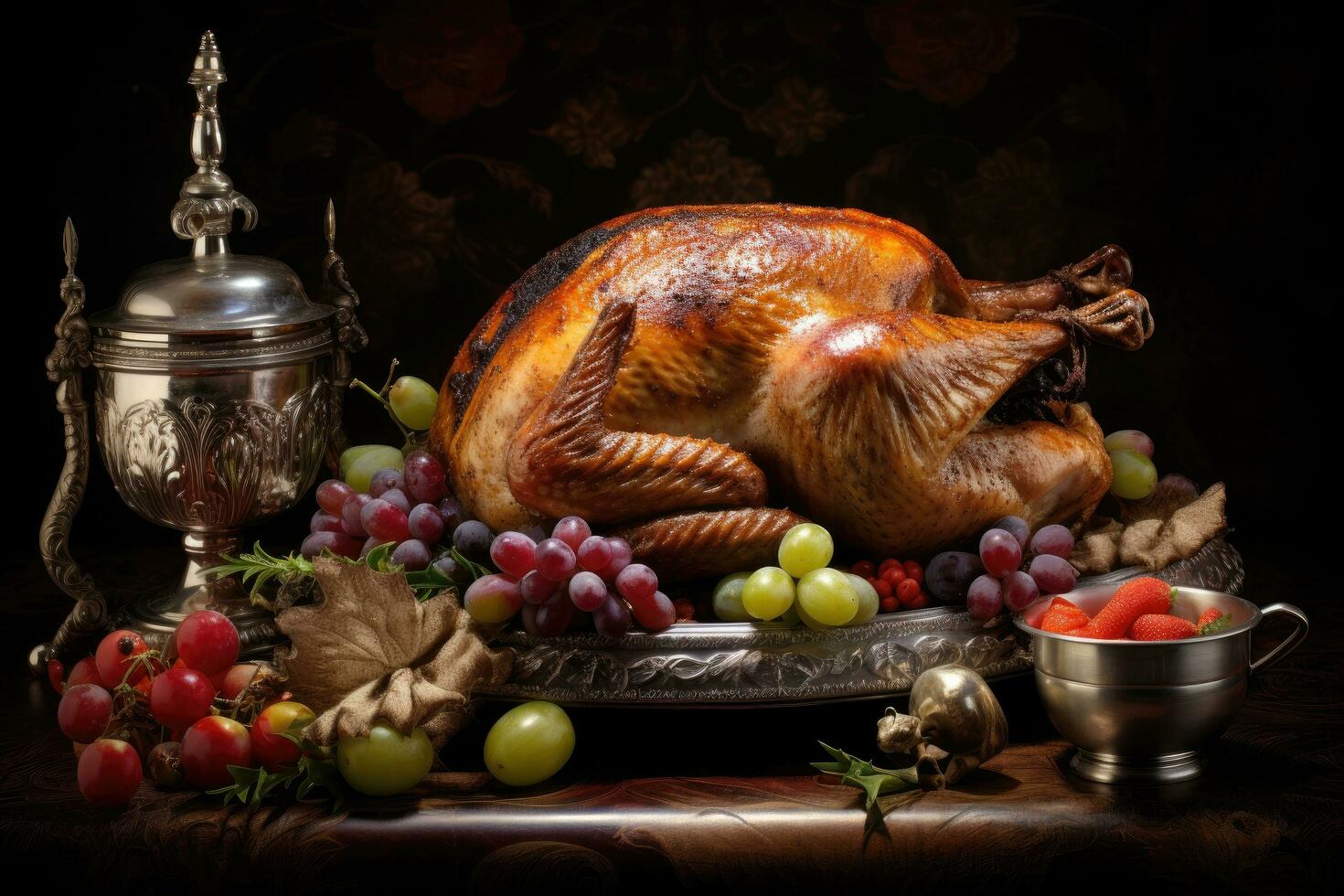 AI generated Thanksgiving day roasted turkey on a rustic wooden table with vegetables and fruit, Christmas or Thanksgiving turkey, AI Generated photo