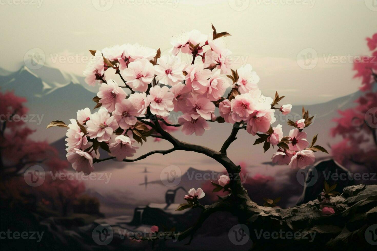 AI generated Botanical romance Cherry blossom tree in decorative romantic graphic art photo