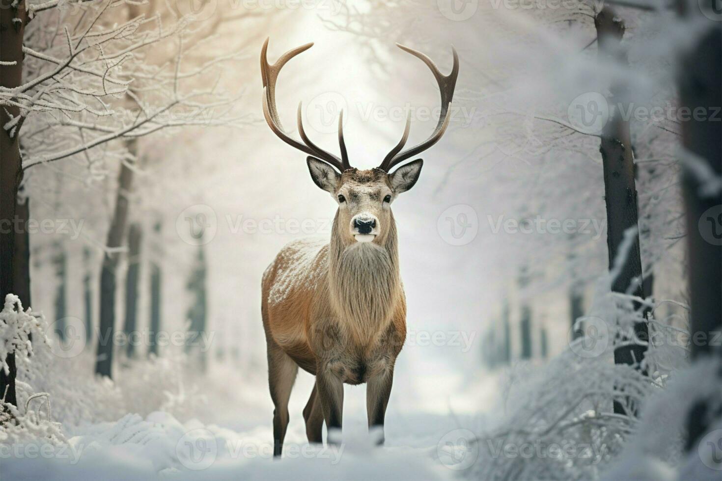 AI generated Majestic solitude Deer in a winter forests snow covered field photo