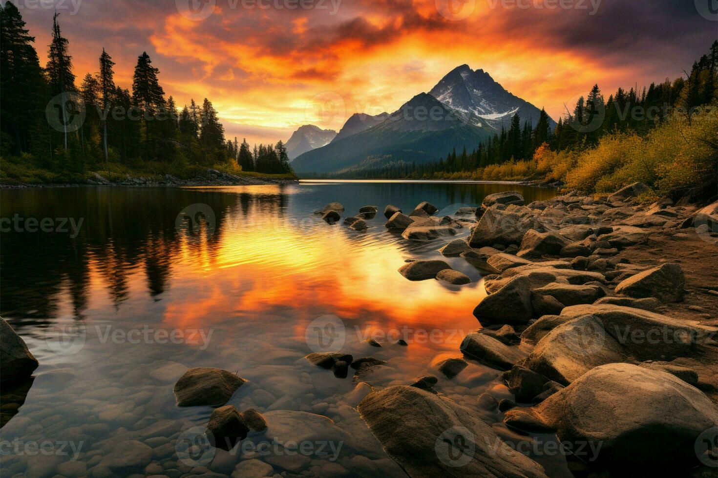 ai generado otoño aventuras alto tatra montaña picos, sereno lago, vibrante puesta de sol foto