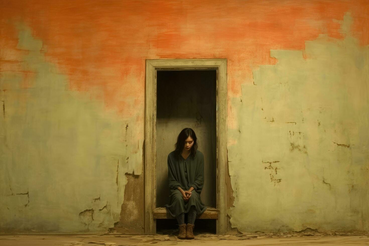 ai generado joven mujer sentado en frente de un puerta en un abandonado casa, capturas el profundo soledad de un mujer sentado en un esquina de un sin adornos habitación, ai generado foto