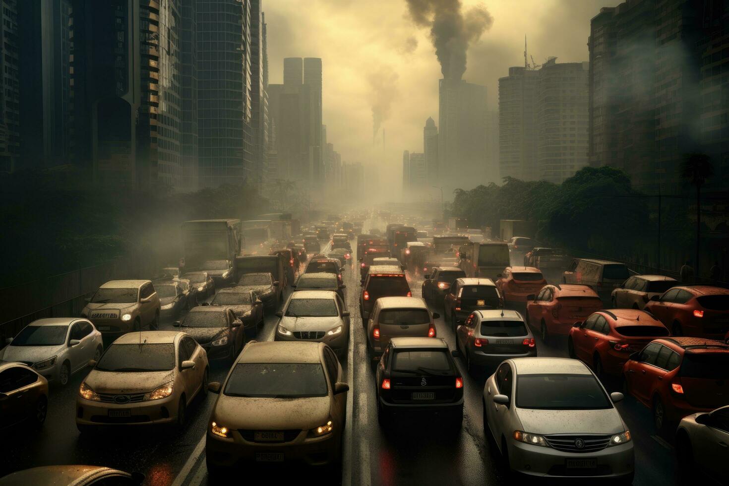 ai generado tráfico mermelada en el la carretera en llevar a la fuerza porcelana, coche tráfico en el ciudad, aire contaminación, ai generado foto