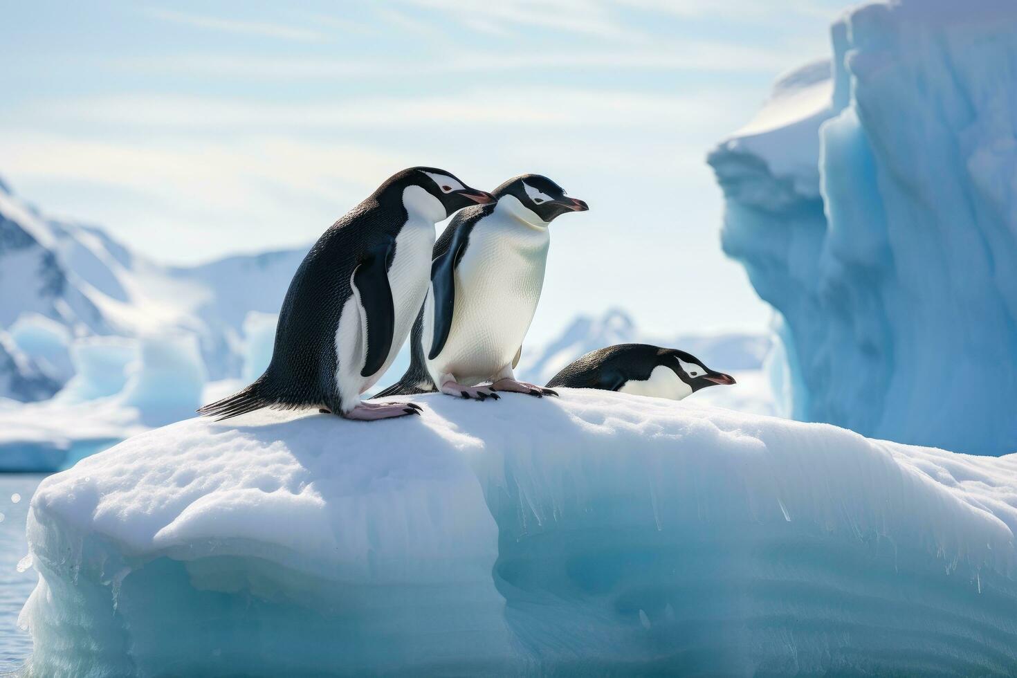 AI generated Gentoo penguins Pygoscelis papua on iceberg in Antarctica, Chinstrap penguins, Pygoscelis antarctica, on an iceberg off the South Shetland Islands, AI Generated photo