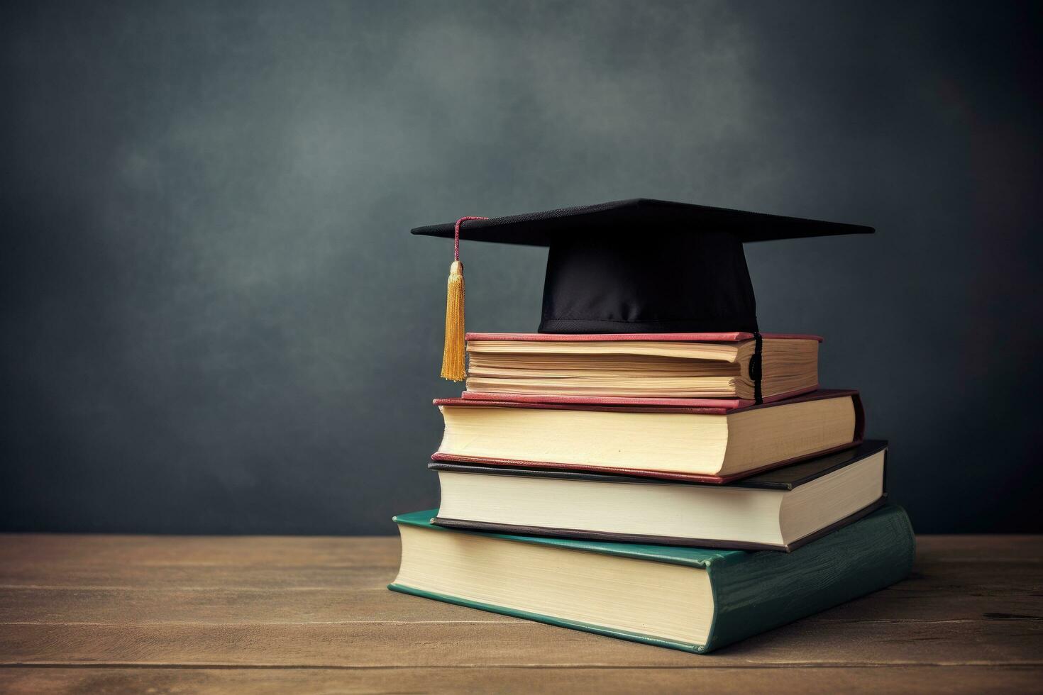 AI generated Graduation cap on stack of books on wooden table over blackboard background, Book stack with a graduation hat on top of the books with lots of empty space, AI Generated photo