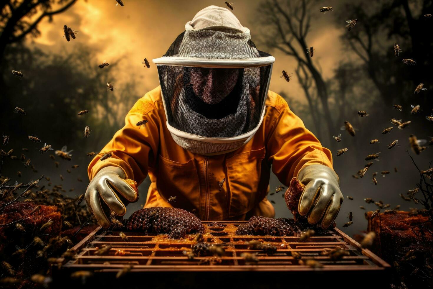 AI generated Beekeeper in his apiary. Beekeeper working on honeycomb, Beekeeper with protection suit and helmet holding honeycomb with bees, AI Generated photo