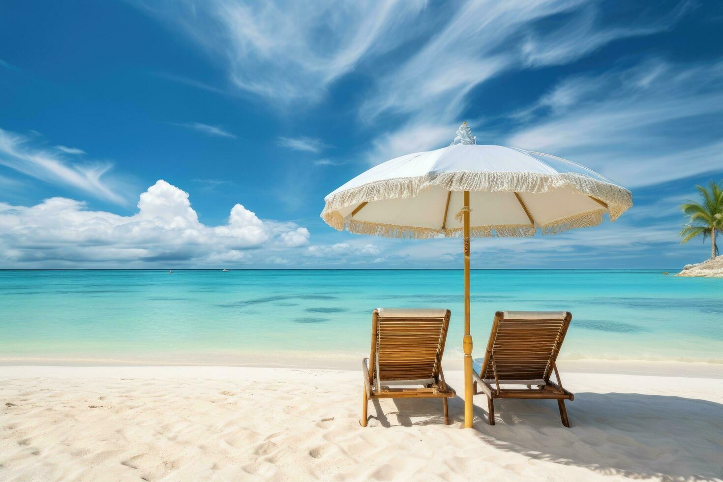 AI generated Parasol and chairs on beautiful beach at Seychelles, Chairs and umbrella in a tropical beach - Seascape Banner, AI Generated photo