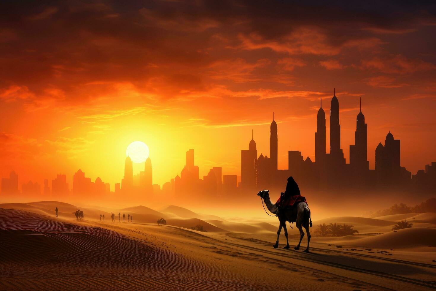 AI generated Desert landscape with camel and skyscrapers in Dubai, UAE, Camel caravan on sand dunes in the Arabian desert with the Dubai skyline at sunset, AI Generated photo