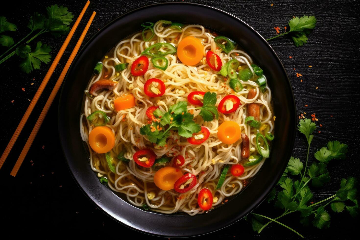 AI generated Noodles with vegetables in a bowl on a black background, Chinese noodle soup with vegetables on a black wooden background, top view, AI Generated photo