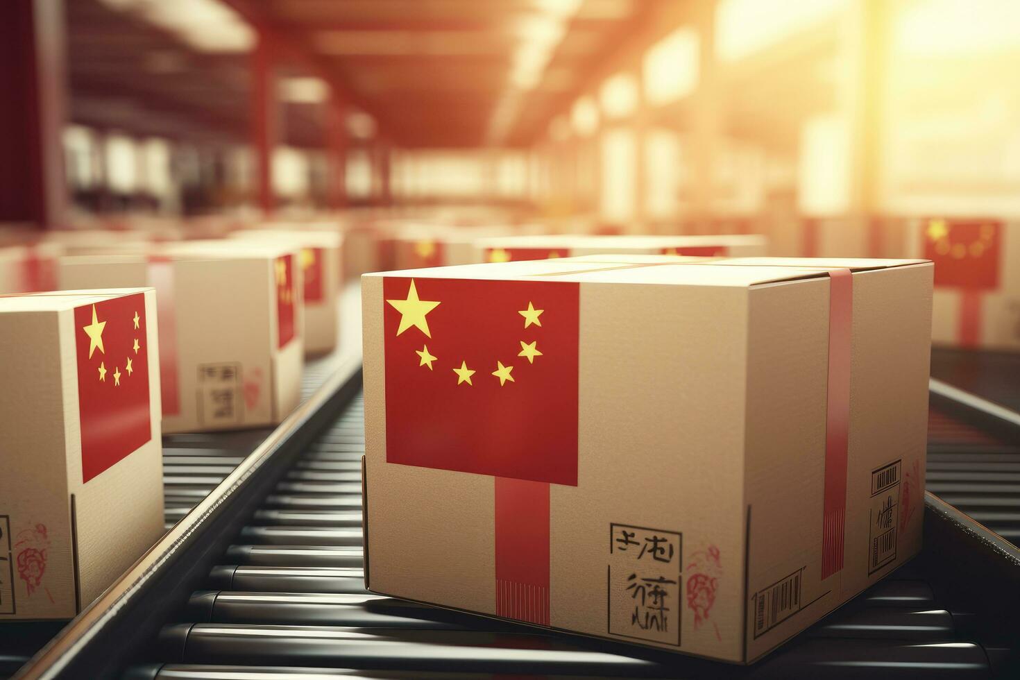 AI generated China flag on cardboard box on conveyor belt in warehouse. 3D Render, Cardboard boxes with the text Made in China and the Chinese flag on the roller conveyor, AI Generated photo