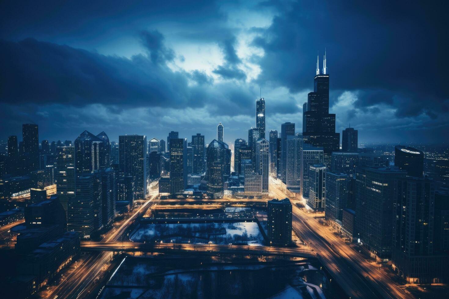 ai generado aéreo ver de moderno rascacielos en el ciudad a noche, chicago horizonte aéreo zumbido ver desde arriba, ai generado foto