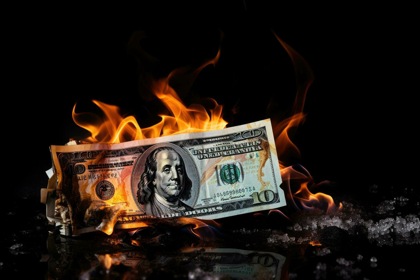 AI generated Burning dollar banknotes on black background. Concept of financial crisis, Burning dollar banknote on a black background, Financial crisis concept, AI Generated photo