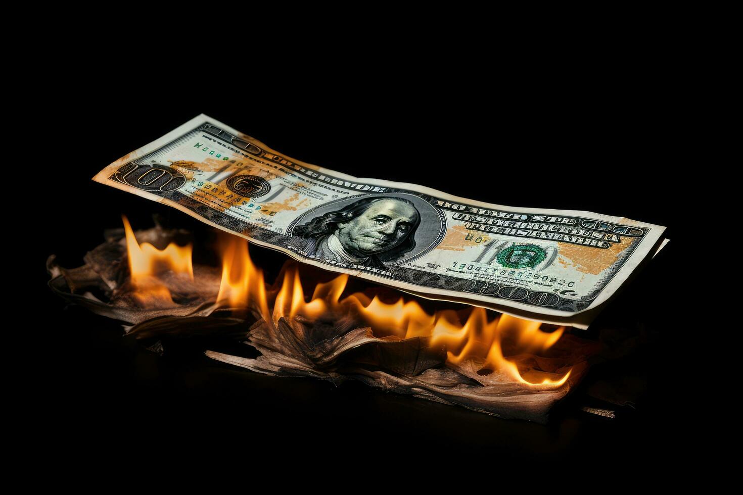 AI generated Burning dollar banknotes on a black background. The concept of financial crisis, Burning dollar banknote on a black background, Financial crisis concept, AI Generated photo