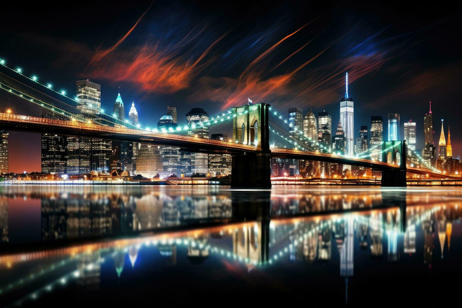 AI generated Brooklyn Bridge and Manhattan skyline at night, New York City, Brooklyn Bridge night exposure, AI Generated photo
