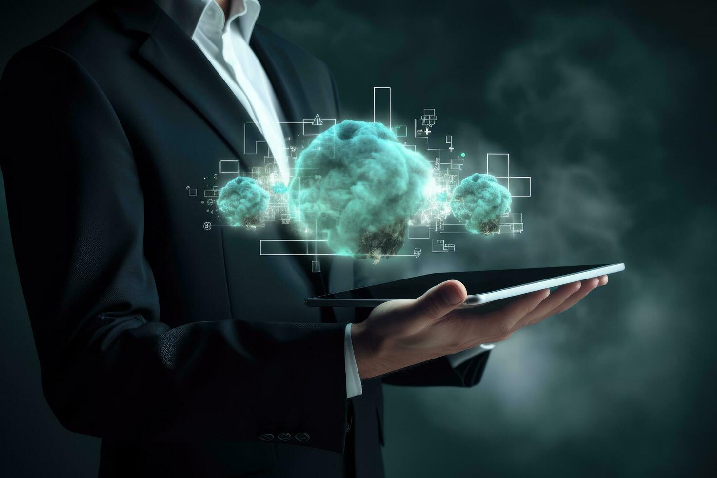 AI generated Close up of businessman holding tablet pc with cloud computing concept. Mixed media, Businessman holding a tablet with CO2 emissions in his hands, presented in 3D rendering, AI Generated photo