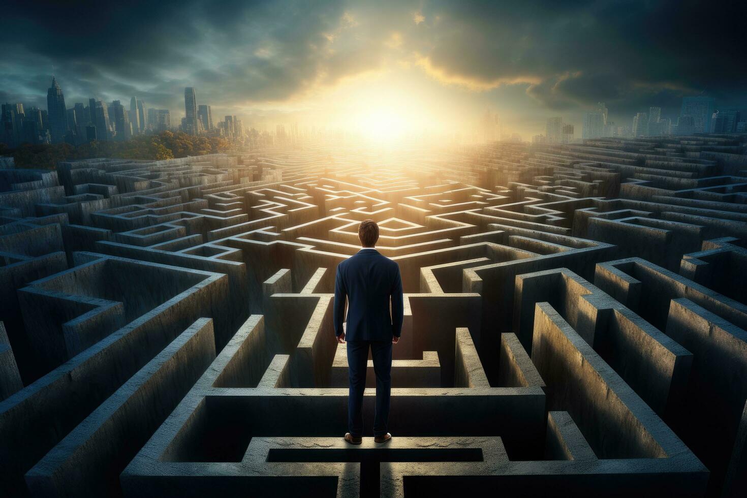 AI generated Businessman standing in front of a maze and looking at the sunset, Businessman standing on top of a maze, looking at the way to success, AI Generated photo