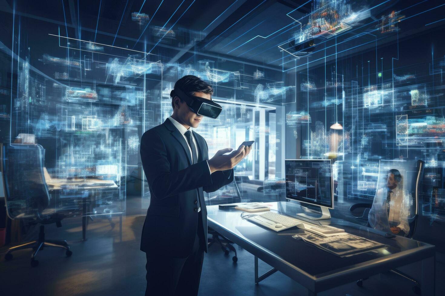AI generated Businessman wearing virtual reality goggles in modern office. 3D rendering, Businessman using a virtual reality headset in a modern office at night, Mixed media, AI Generated photo