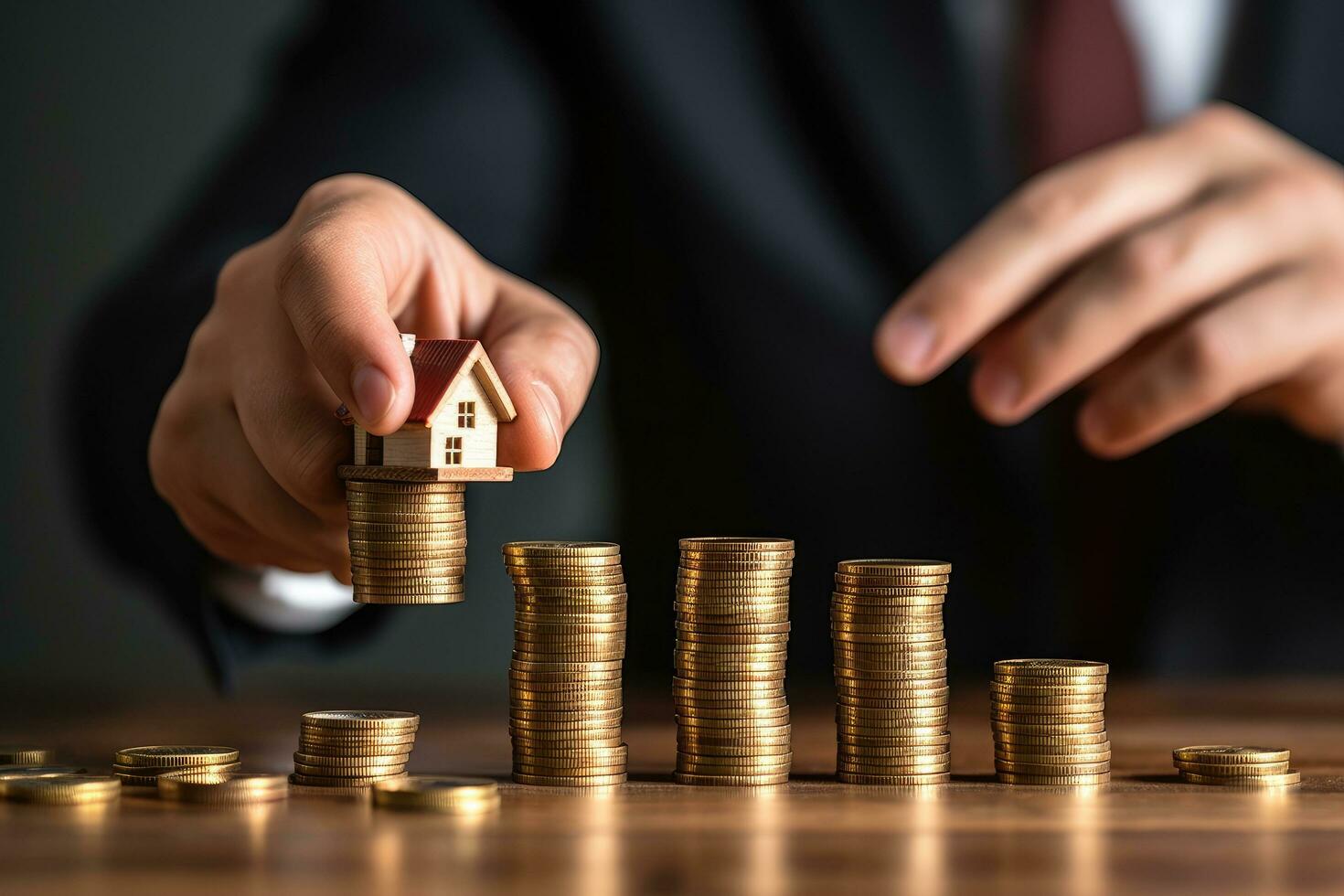 AI generated Investment to buy a house or home. Real estate investment concept, Businessman's hand drawing a house model on coin stacks for a real estate investment concept, AI Generated photo