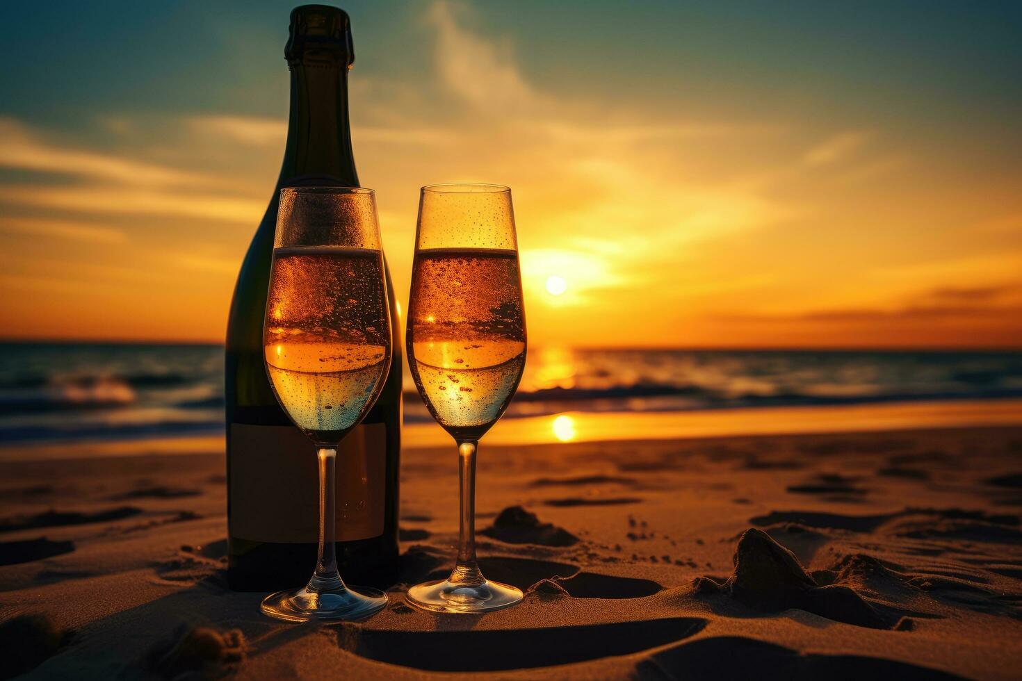 AI generated Two glasses of champagne on the beach at sunset or sunrise. Romantic evening, Champagne bottle and two glasses on sand, at sunset, AI Generated photo