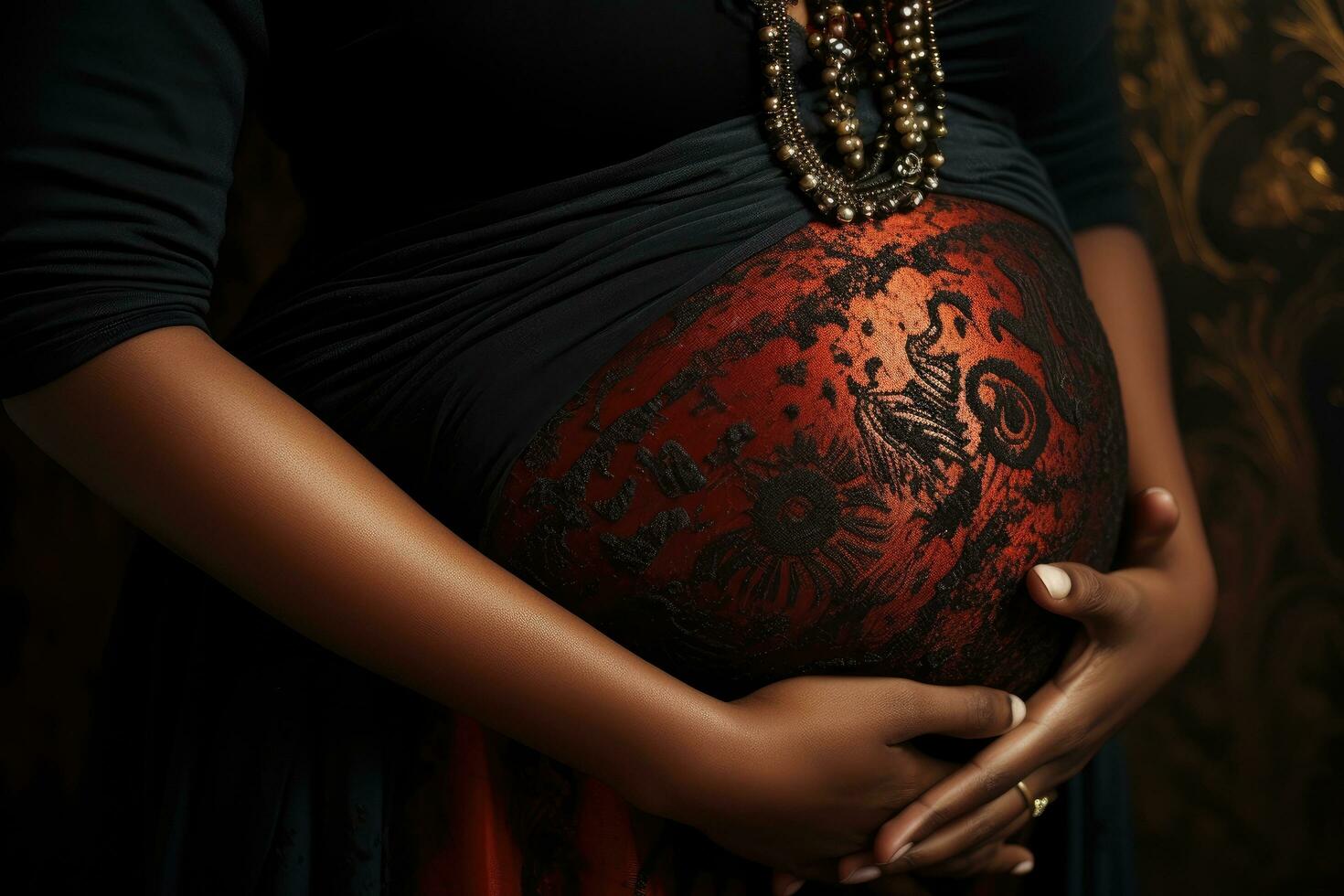 AI generated Pregnant woman with her hands on her belly, closeup, Black pregnant womans belly closeup, AI Generated photo