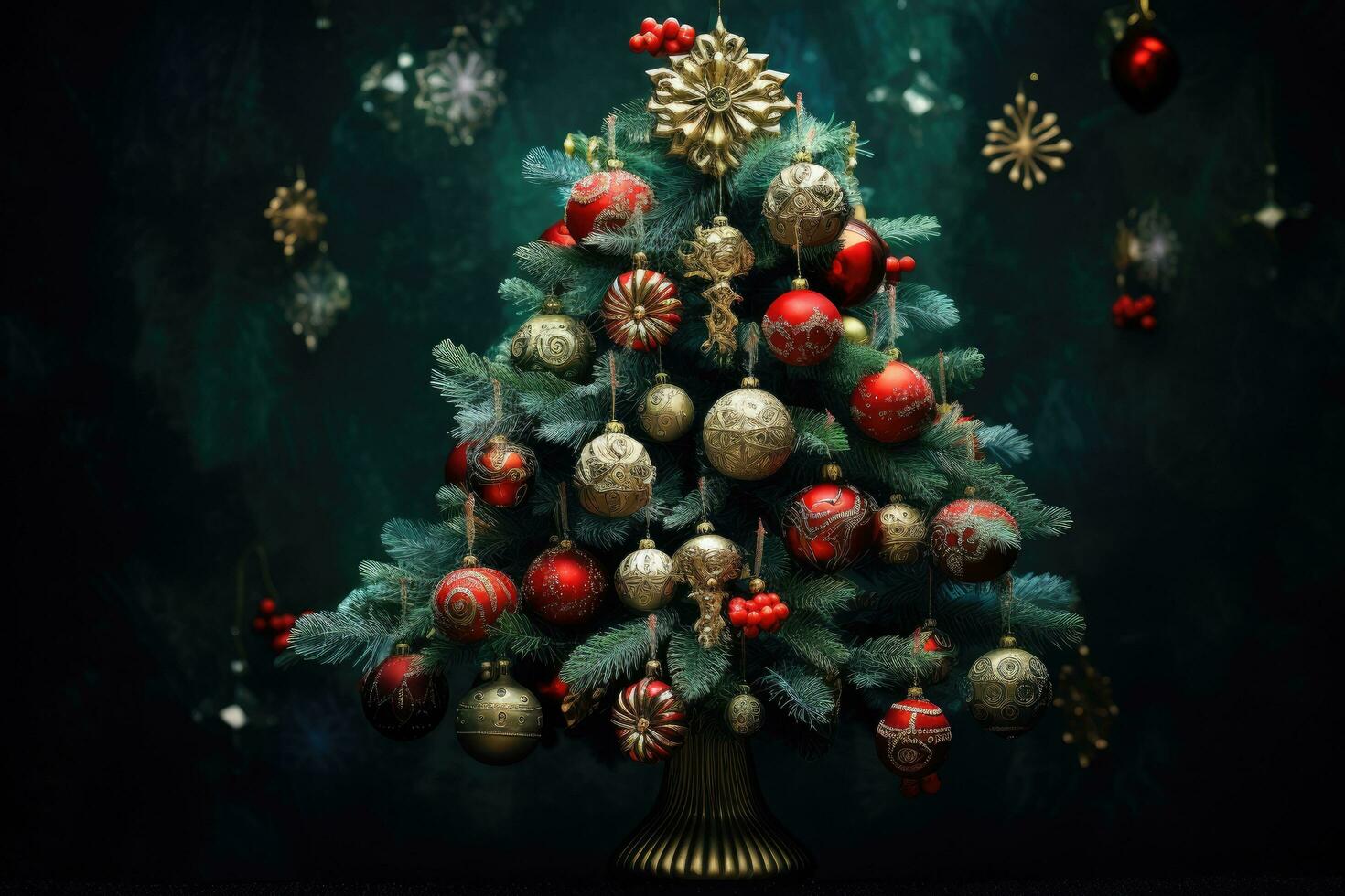 AI generated Christmas tree with baubles and ornaments on dark background, Christmas tree with decorations, AI Generated photo
