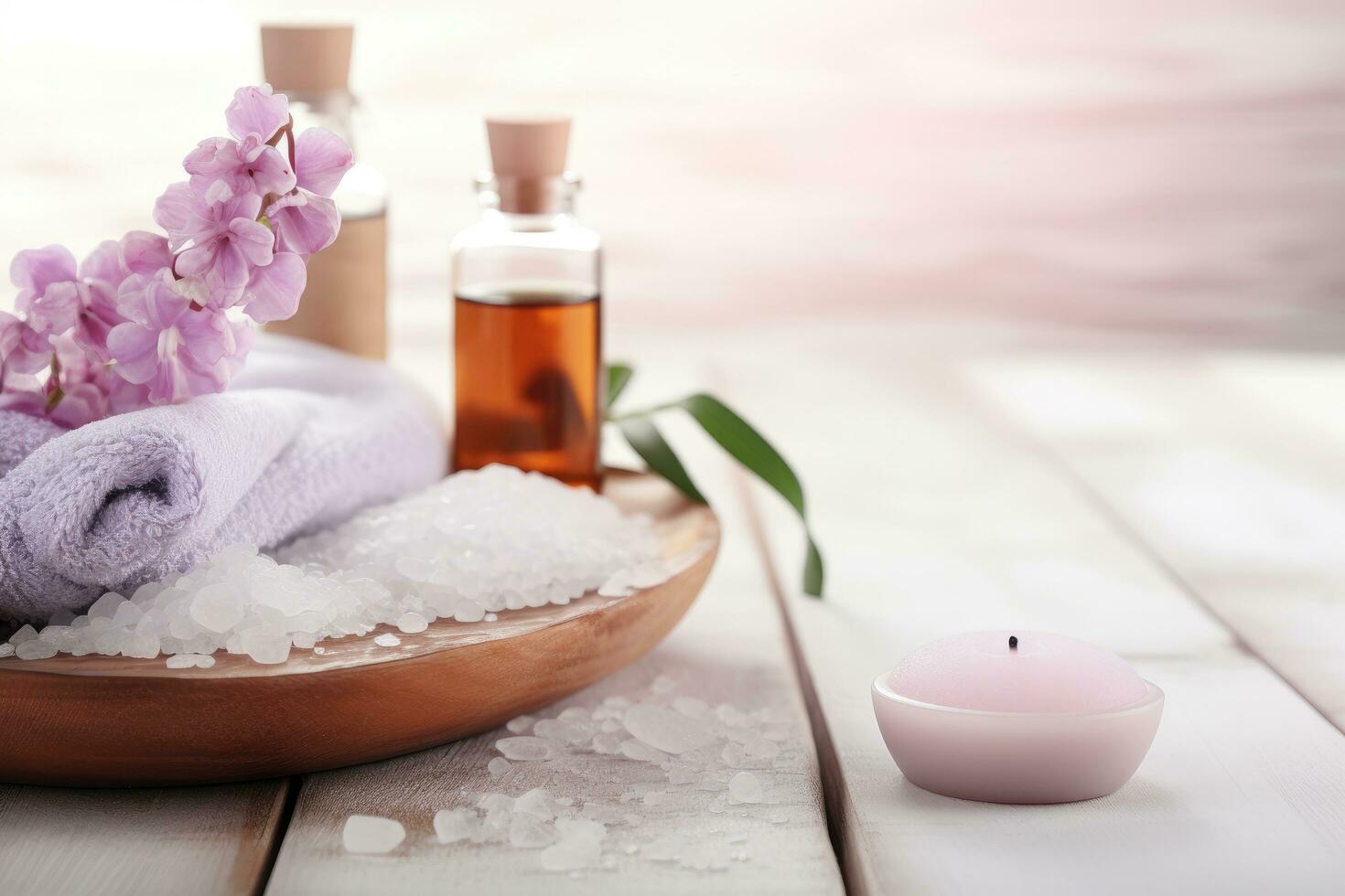 AI generated Spa setting with sea salt, candle and towel on wooden table, Beauty treatment items for spa procedures on a white wooden table, Massage stones, essential oils, and sea salt, AI Generated photo