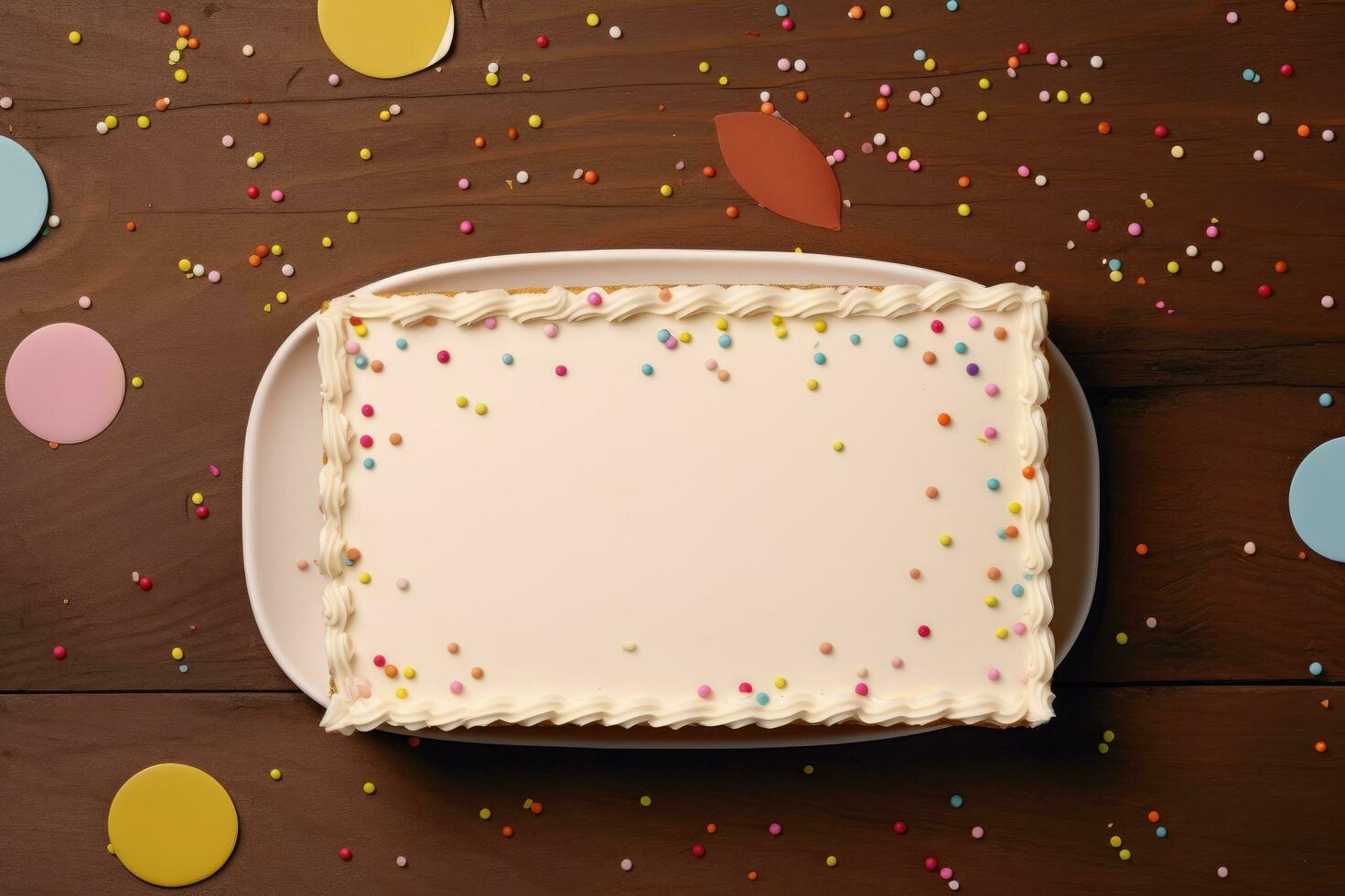 AI generated Birthday cake on wooden background with confetti. Top view, Birthday cake with wishing card celebration party, top view, AI Generated photo