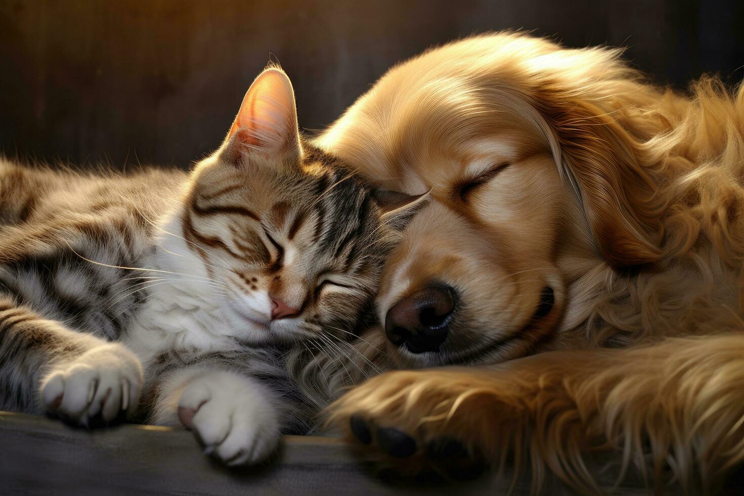 AI generated golden retriever and tabby cat sleeping together on black background, Cat and dog peacefully sleeping together, AI Generated photo
