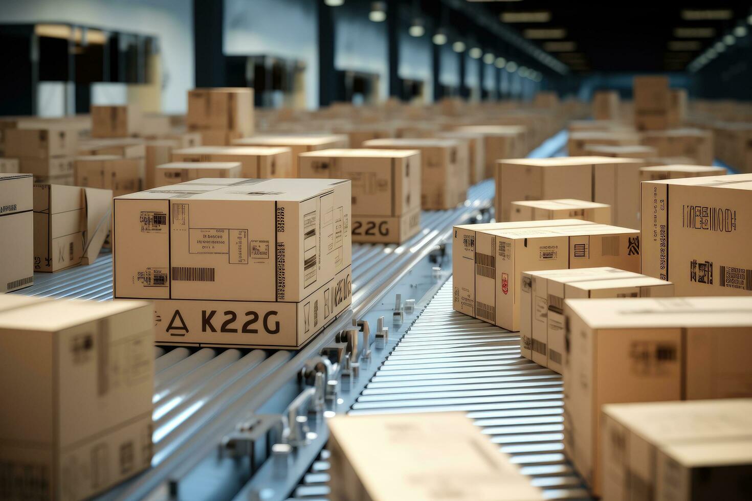 AI generated Cardboard boxes on conveyor belt in warehouse. 3D rendering, Cardboard boxes on a conveyor belt in a warehouse, depicting an automatic production line, Logistic and shipment, AI Generated photo