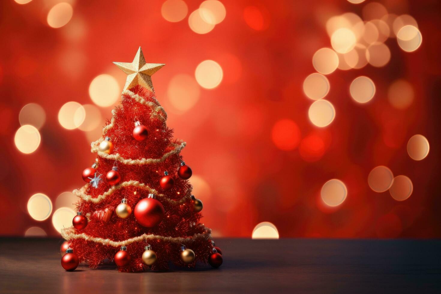 AI generated Christmas tree on bokeh background. Christmas and New Year concept, Christmas tree with ornament and bokeh lights in a red background, AI Generated photo