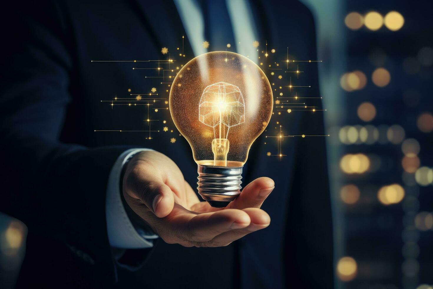 AI generated Close up of businessman hand holding light bulb on blurry city background. Idea concept, Businessman's hand holding a lightbulb with business icons on a virtual screen, AI Generated photo