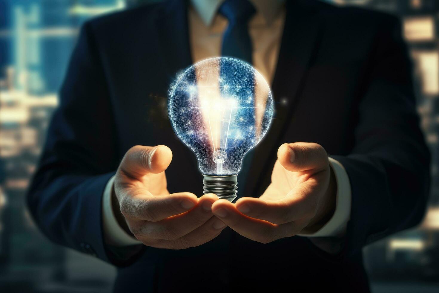 AI generated Businessman holding a glowing lightbulb in his hands. 3D rendering, Businessman's hand holding a lightbulb with business icons on a virtual screen, AI Generated photo