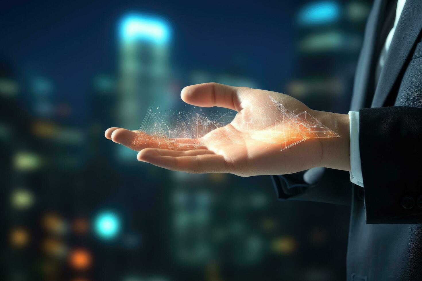 AI generated Businessman holding hologram city in his hand. 3D rendering, Businessman's hand on a blurred background using a digital holographic interface, presented in 3D rendering, AI Generated photo