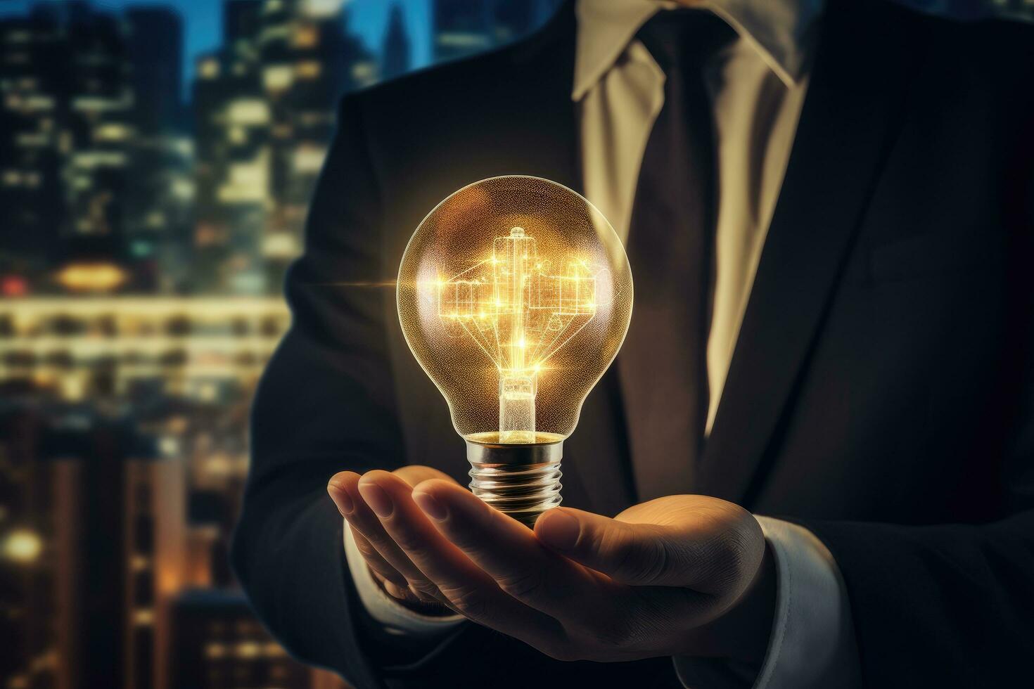 AI generated Businessman holding a glowing light bulb in his hand. Idea and innovation concept, Businessman's hand holding a lightbulb with business icons on a virtual screen, AI Generated photo