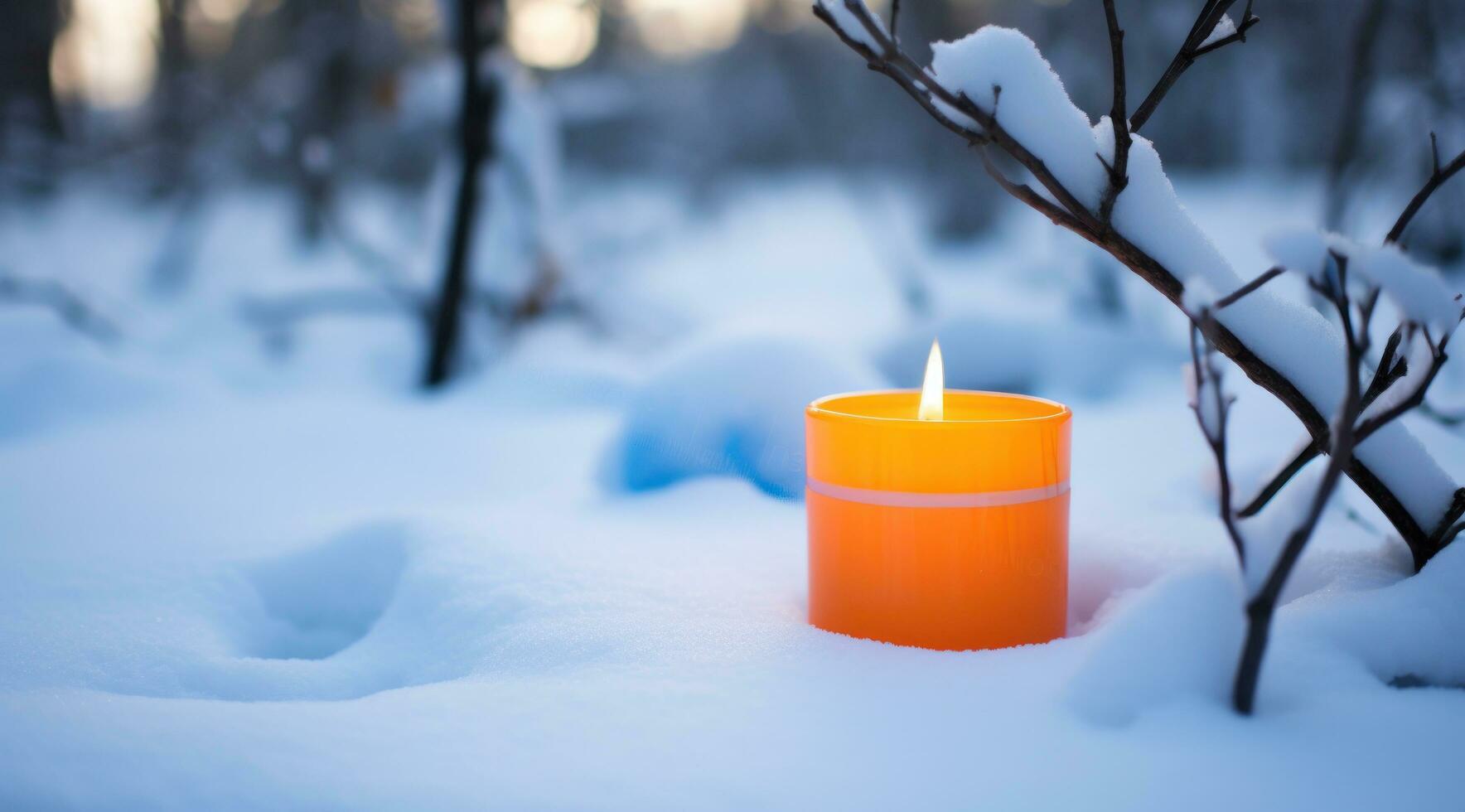 AI generated a lit candle in the snow near an oak tree, photo