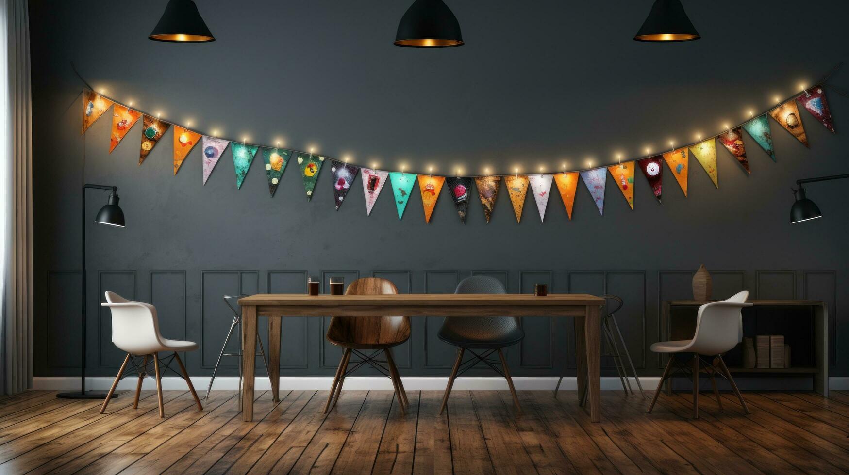 AI generated the floor of a wooden dining room with colourful bunting hanging over photo
