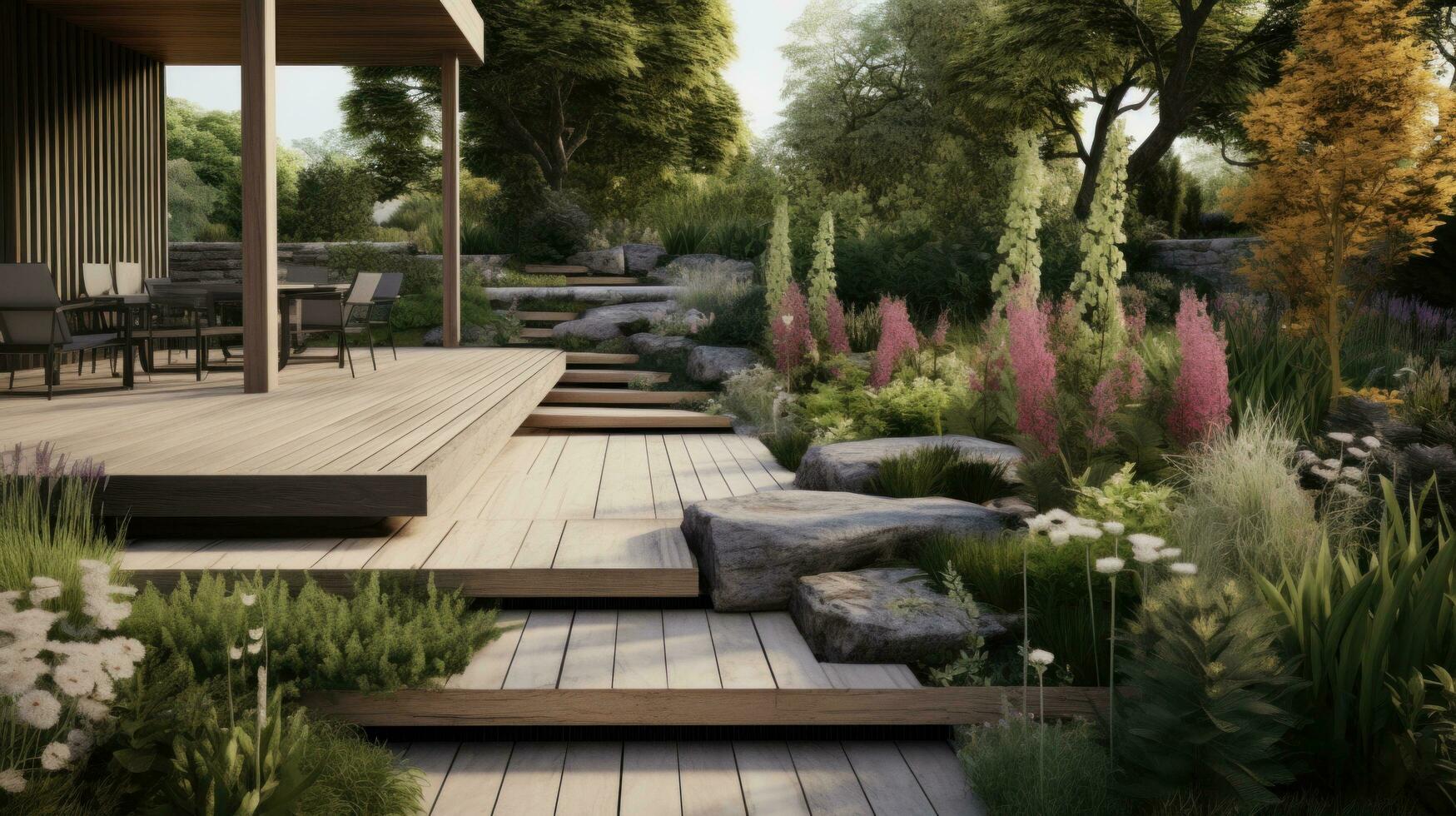 AI generated a modern garden with a unique set of outdoor furniture, well-maintained greenery photo