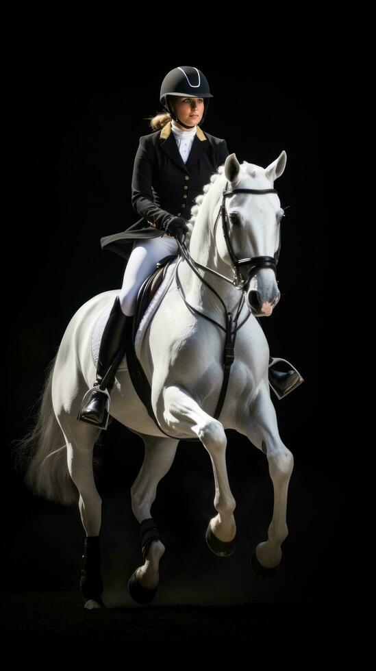 AI generated A beautiful shot of a horse and rider in full dressage regalia, executing a perfect jump photo