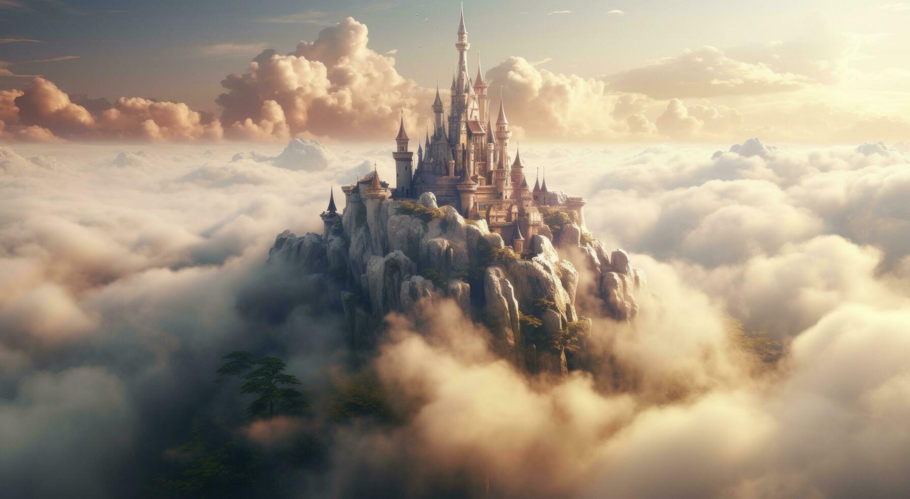 AI generated a fairytale castle rising up from the clouds in the sky, photo