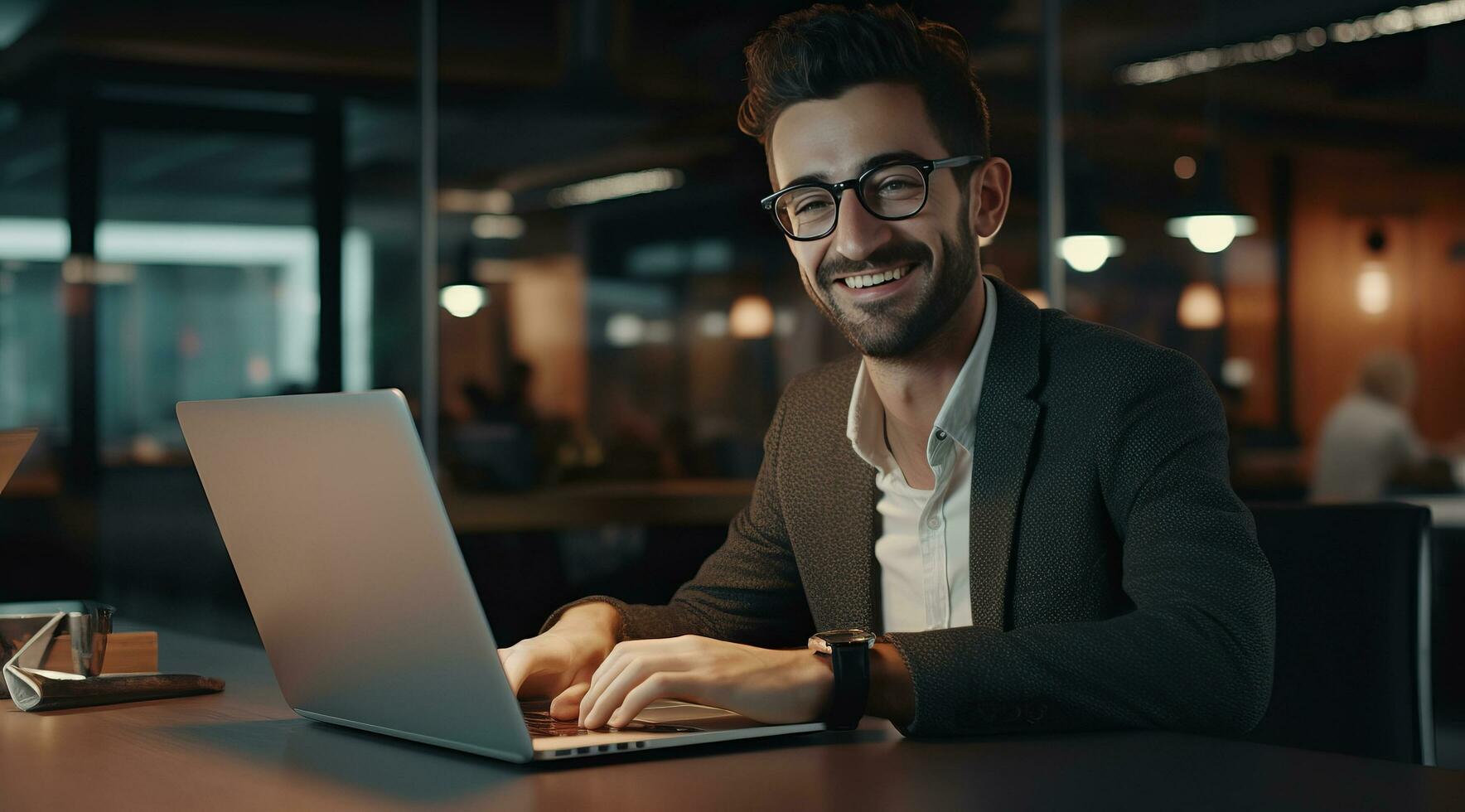 AI generated cheerful man smiles in office and looking at laptop photo
