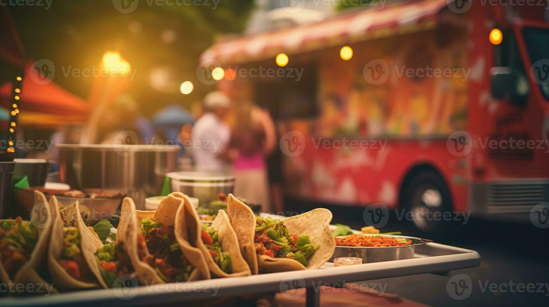 AI generated Generative AI, Food truck street festival, blurred lights background, atmospheric bokeh, muted colors photo