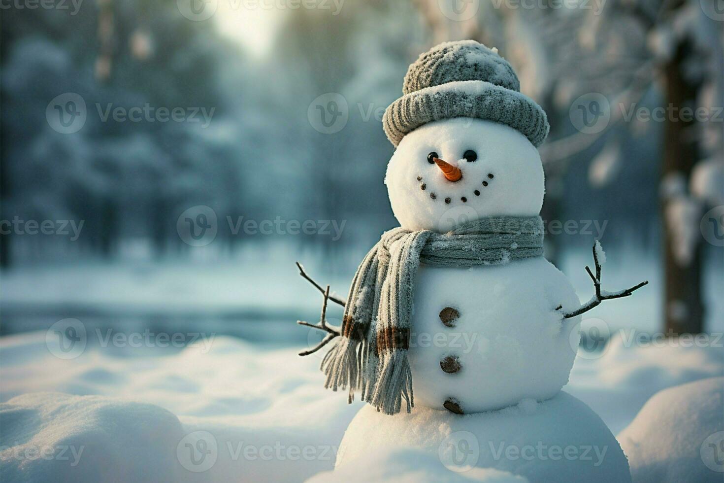 AI generated Festive frost Snowman graces winter landscape with snowy background scene photo