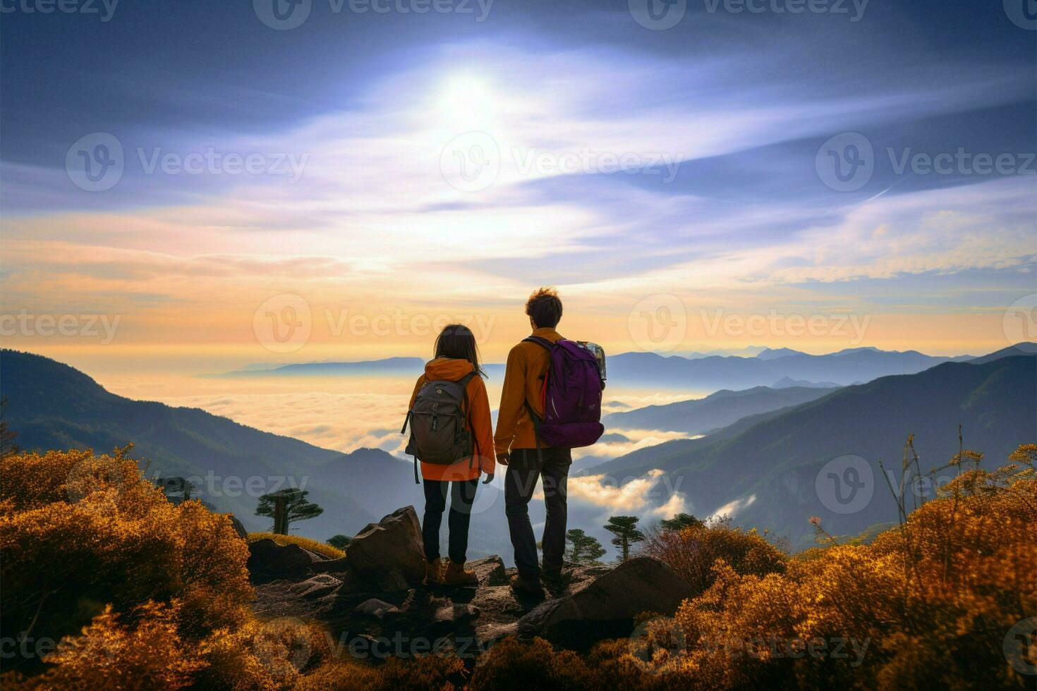 AI generated Scenic tranquility Asian couples with backpacks admire mountain landscape view photo