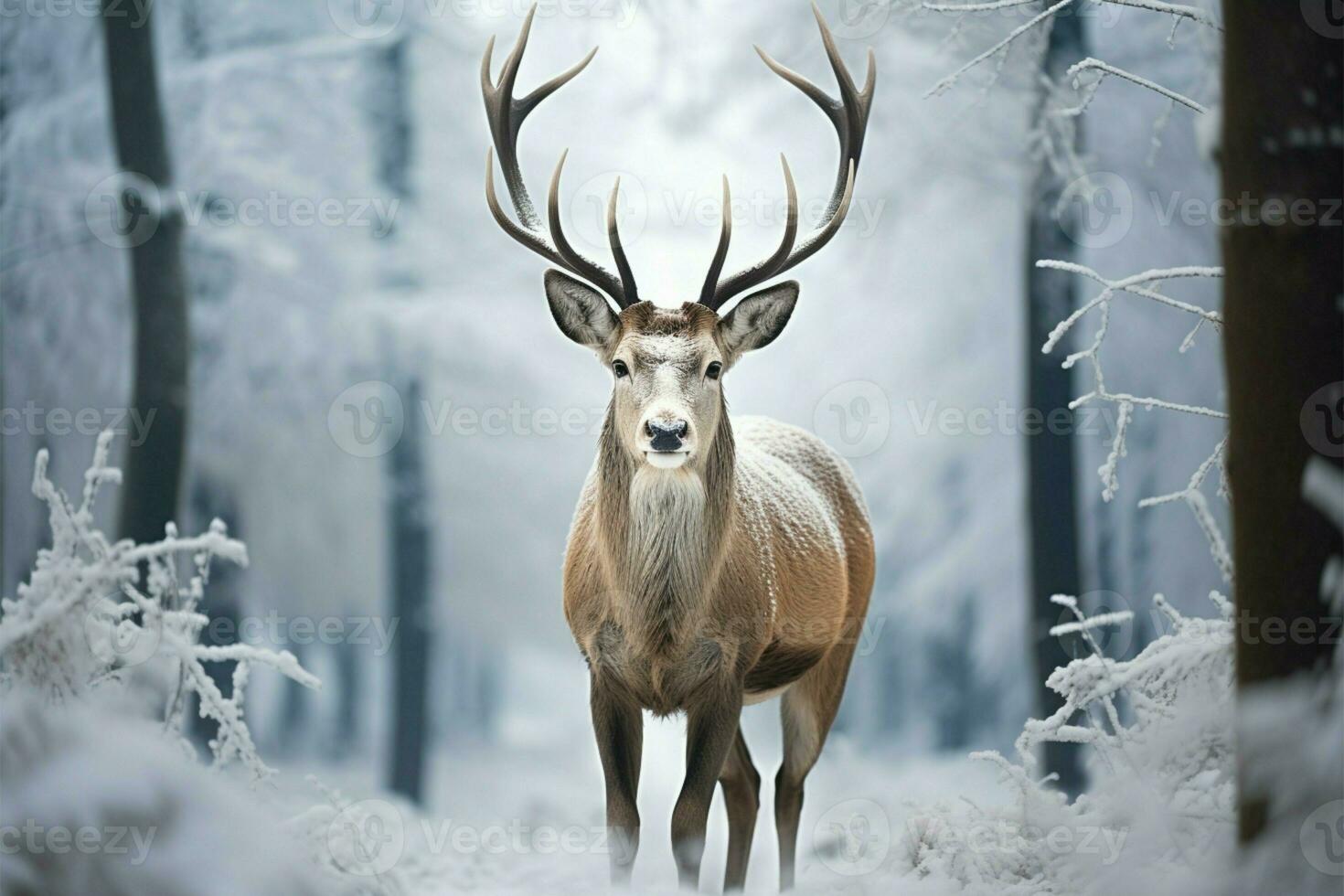 AI generated Winter forest beauty Deer standing in a field of snow photo