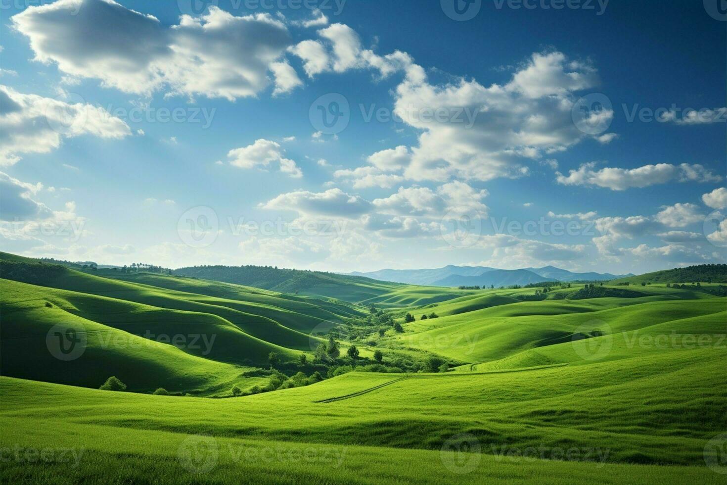 AI generated Vibrant panorama Green field grass hills landscape in a realistic illustration photo