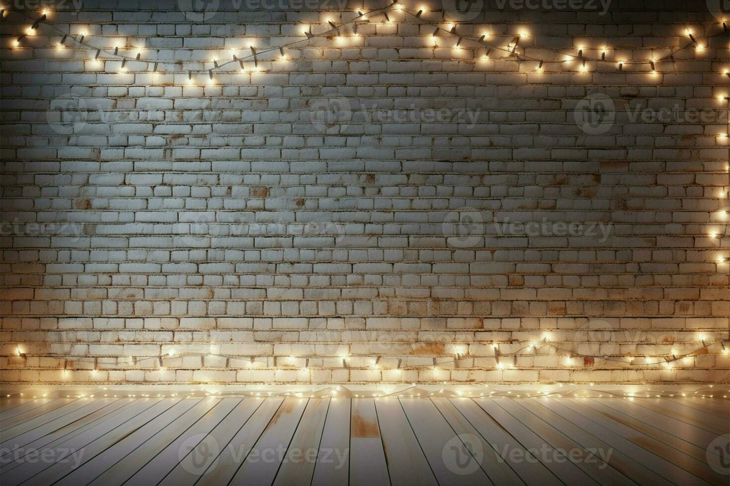 AI generated Festive glow Minimalist white brick wall with shimmering lights photo