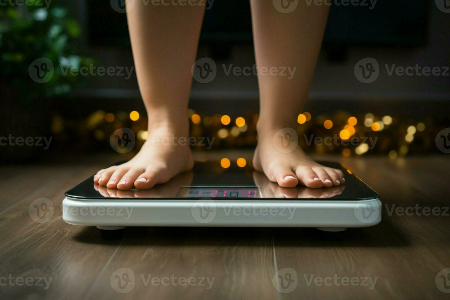 AI generated Weight control Feet on scales, measuring fat loss, diet concept photo