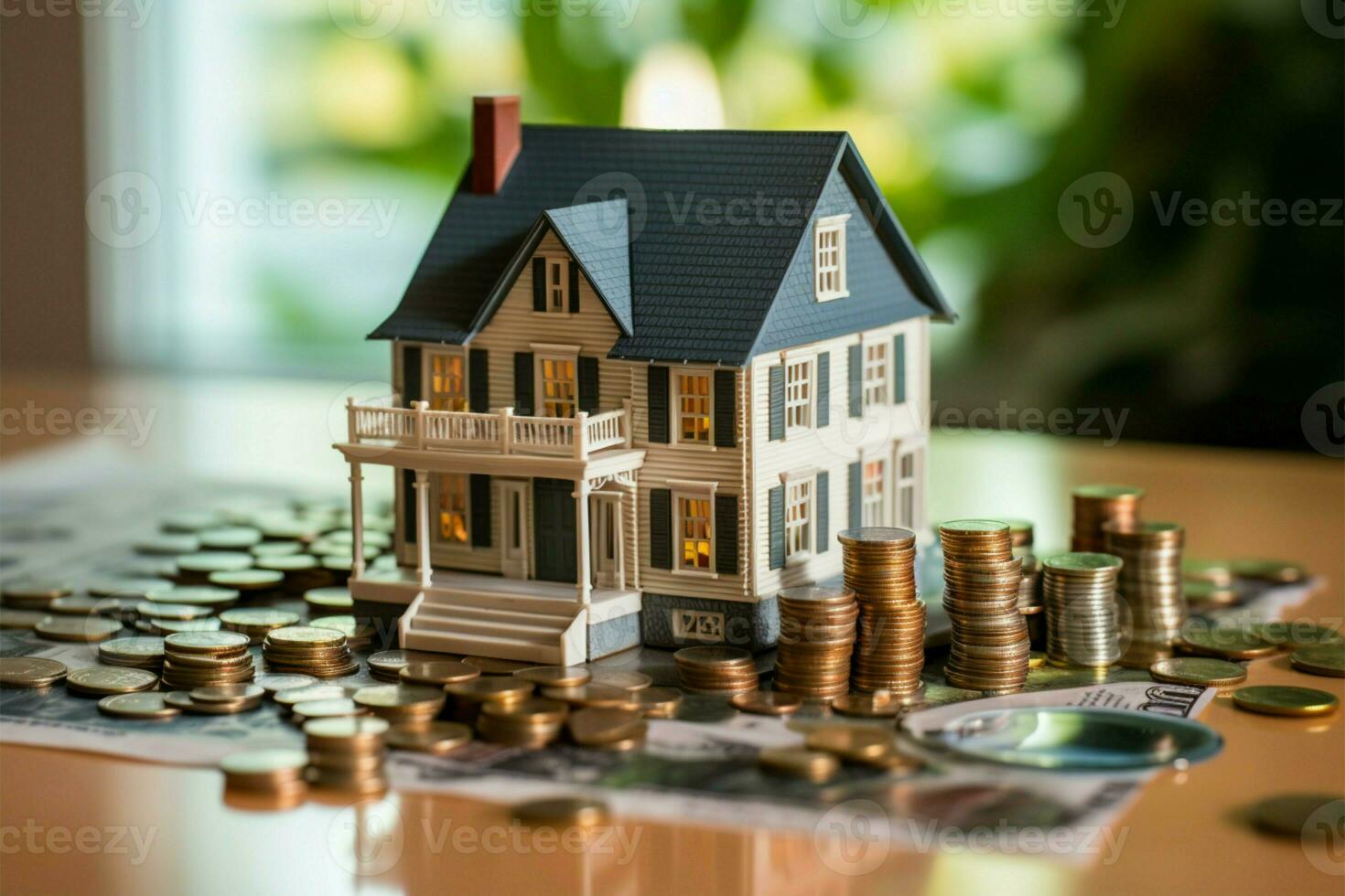 AI generated Financial foresight Saving money with coins and bills for real estate photo