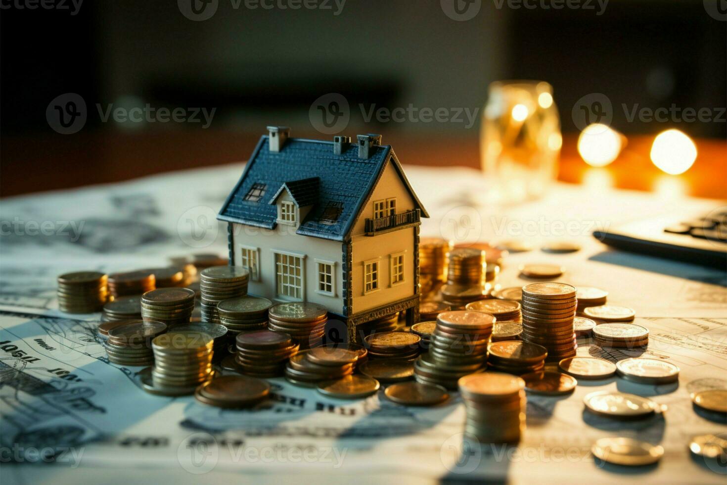 AI generated Financial foresight Saving money with coins and bills for real estate photo